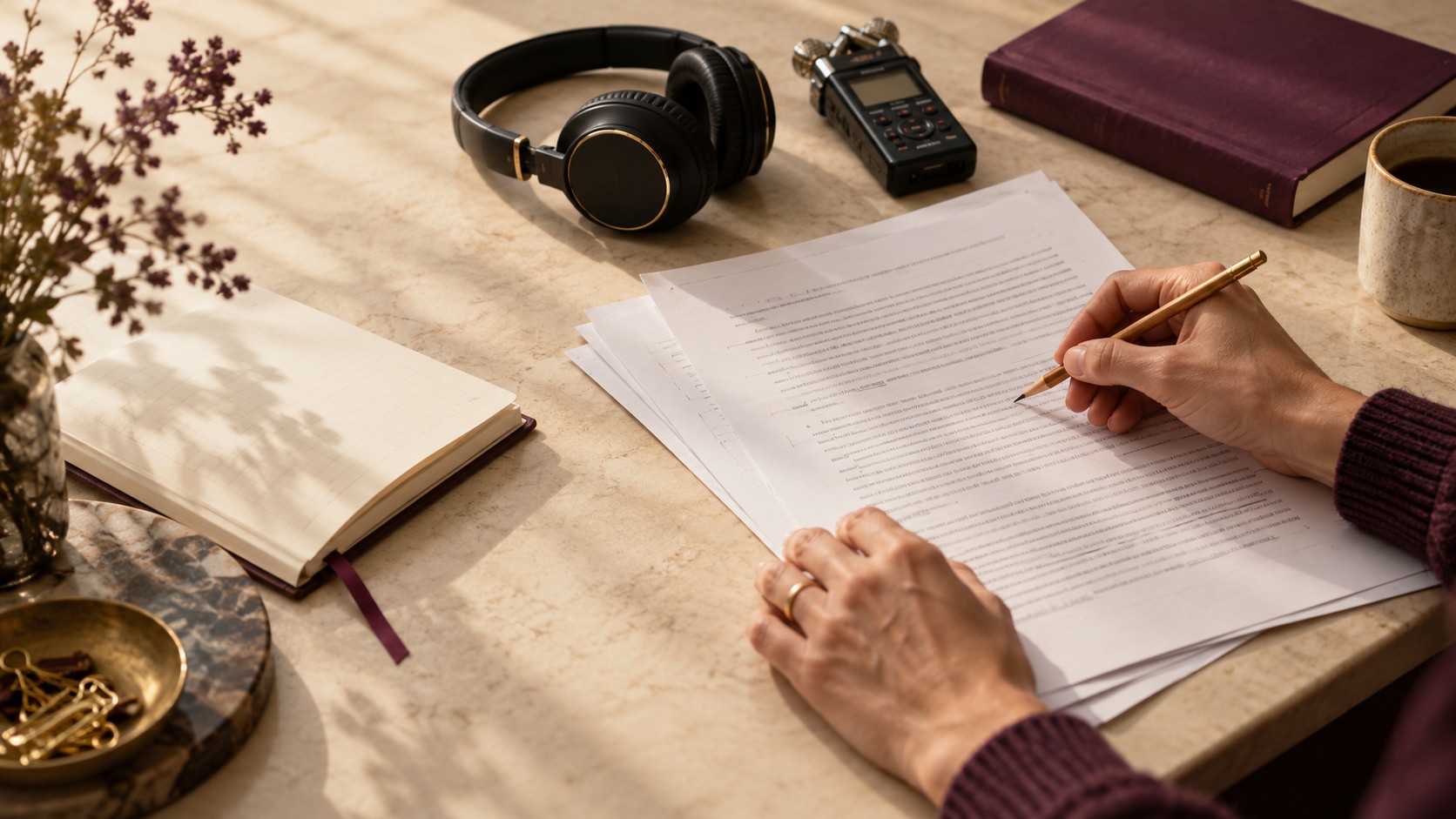 Mesa de trabajo con auriculares, grabadora y documentos en revisión